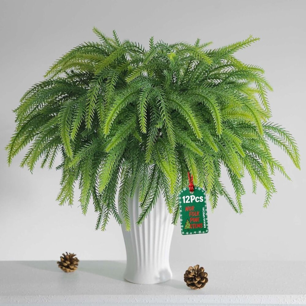 12 Pieces 18 Inch Christmas Norfolk Pine Greenery Branches Home Decorations
